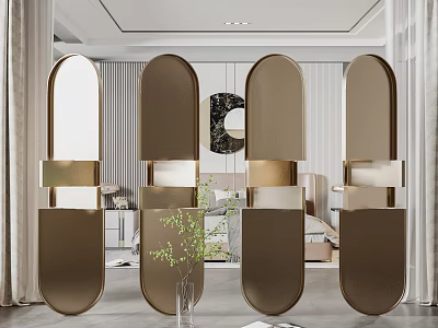 Modern Golden Arched Metal Room Divider With Mirrored Panels For Interior Decor 3d model
