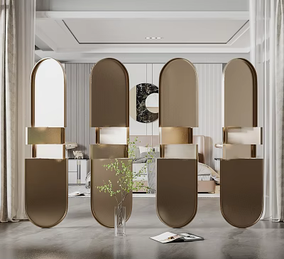 Modern Golden Arched Metal Room Divider With Mirrored Panels For Interior Decor 3d model
