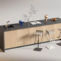 Modern Wooden Bar Counter with Black Countertop Plant Vase Fruits and Bar Stools