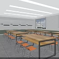 School Classroom Featuring Wooden Tables Orange Chairs Windows Storage Cabinets And Ceiling Lights