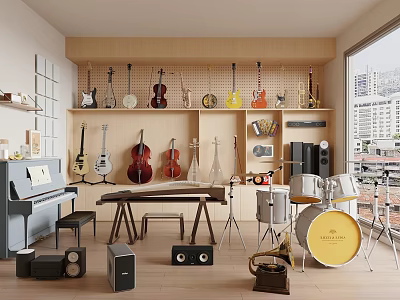Musical Instruments And Art Supplies Display Room With Piano Guitars Violins Cello And Drum Set 3d model