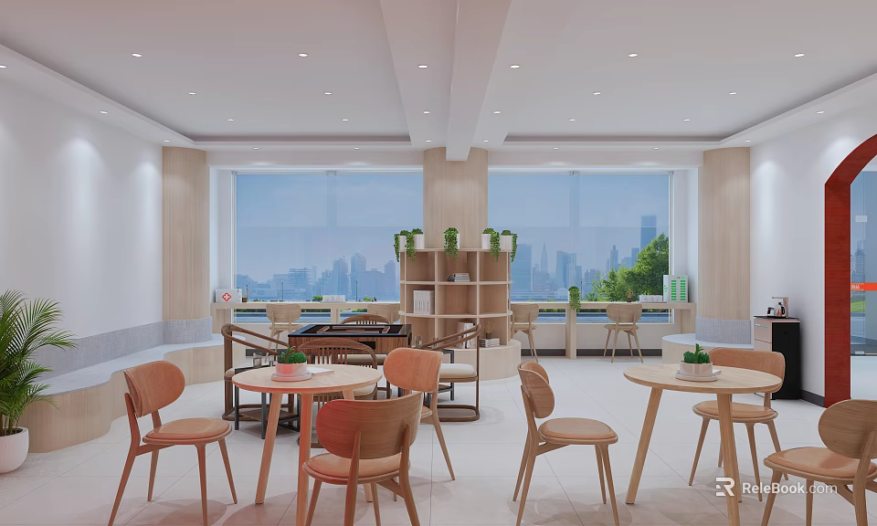 Modern Service Hall Interior With Wooden Tables Chairs Large Windows Green Plants And City View 3d model 