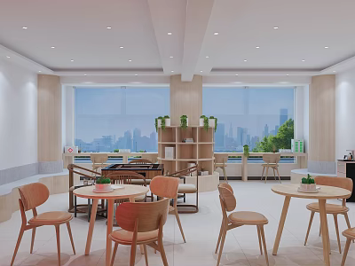 Modern Service Hall Interior With Wooden Tables Chairs Large Windows Green Plants And City View 3d model