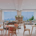 Modern Service Hall Interior With Wooden Tables Chairs Large Windows Green Plants And City View