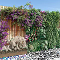 Lush Living Plant Wall With Purple Flowers Green Plants Wooden Background And Pebble Ground