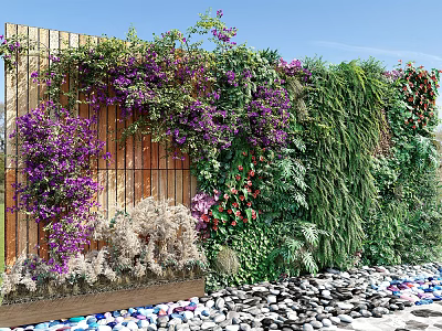 Lush Living Plant Wall With Purple Flowers Green Plants Wooden Background And Pebble Ground 3d model