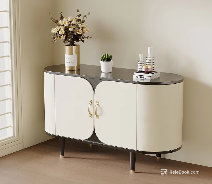 Modern White Black Console Sideboard With Flower Vase Plant Glass Bottles And Books 3d model 
