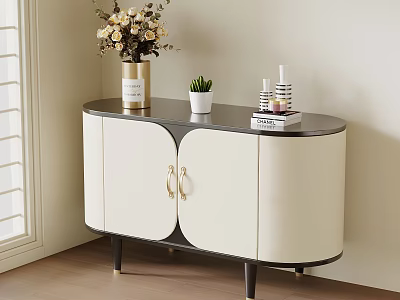Modern White Black Console Sideboard With Flower Vase Plant Glass Bottles And Books 3d model