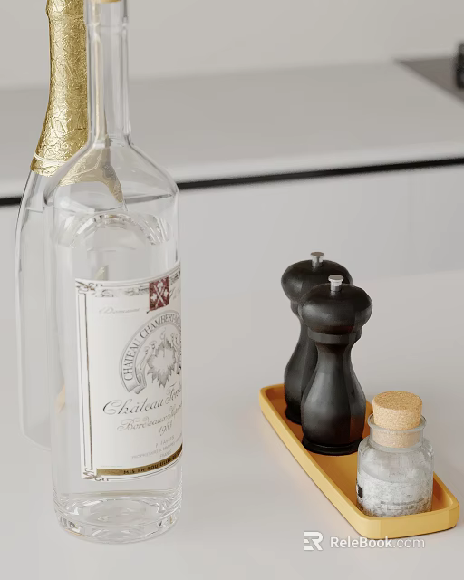 Decorative Ornament Set Including Transparent Bottle Black Pepper Grinders Wooden Tray And Small Cork Bottle 3d model 