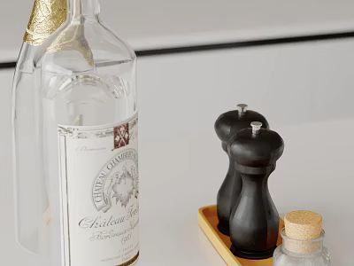 Decorative Ornament Set Including Transparent Bottle Black Pepper Grinders Wooden Tray And Small Cork Bottle 3d model