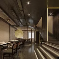 Modern Traditional Hotpot Restaurant Interior With Hanging Lights Wooden Tables And Decorative Shelves