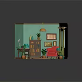 Cartoon Room Interior Scene With Turquoise Walls Wooden Ceiling Yellow Lamp Red Armchair And Plants