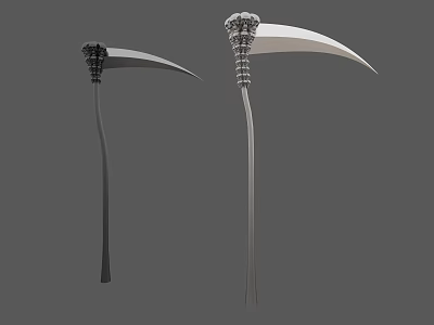 Two Black And Silver Scythe Weapons With Decorative Handles And Curved Blades 3d model