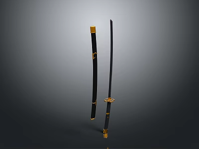 Traditional Japanese Samurai Sword With Black Scabbard And Golden Decorative Fittings 3d model