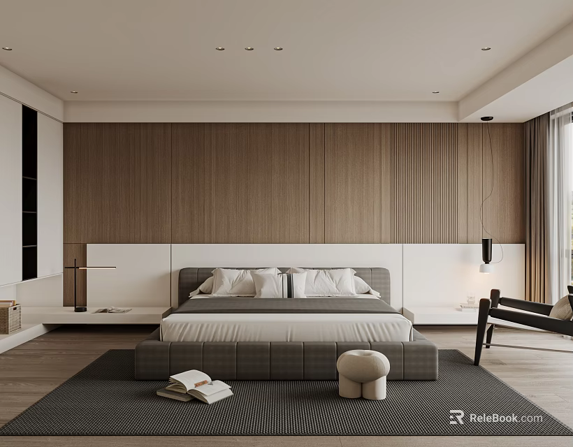 Modern Bedroom Interior Design With Wooden Wall Bed And Area Rug 3d model 