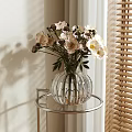 White And Pink Flowers In Glass Vase On Small Table By Window With Shadow