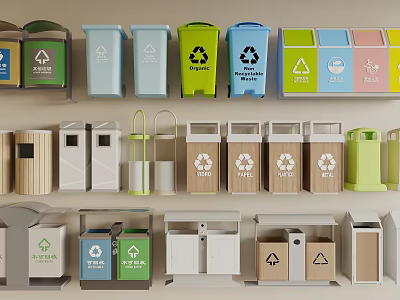 Public Facilities Various Types Waste Bins With Different Colors And Recycling Symbols 3d model