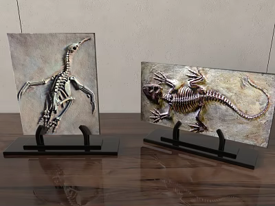 Artistic Lizard Skeleton Decorative Ornament Set With Display Stands On Wooden Tabletop 3d model