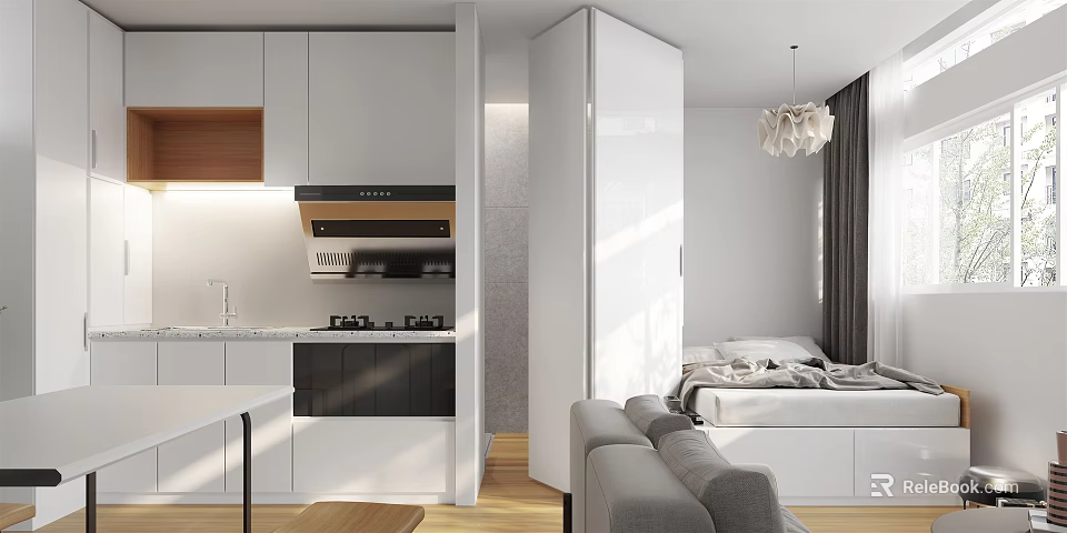 Open Concept Apartment Interior Design with Modern Kitchen Sofa Bed and Pendant Lighting 3d model