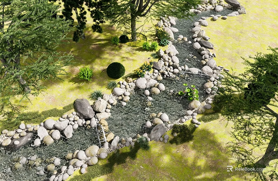 Scenic Park Landscape with Natural Stream Stones Trees and Lush Green Grass 3d model 