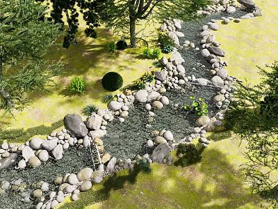 Scenic Park Landscape with Natural Stream Stones Trees and Lush Green Grass 3d model