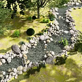 Scenic Park Landscape with Natural Stream Stones Trees and Lush Green Grass