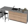 Modern Kitchen Bar Counter With Stone Top Wooden Cabinets Black Stools Sink And Dishes