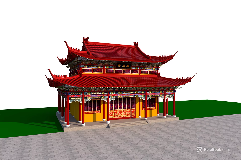 Traditional Ancient Chinese Building With Red Roof Yellow Walls And Multi Tiered Structure 3d model 