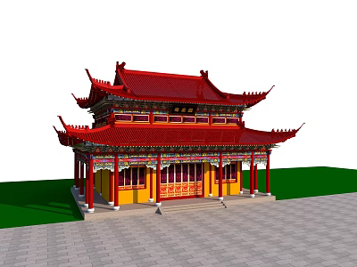 Traditional Ancient Chinese Building With Red Roof Yellow Walls And Multi Tiered Structure 3d model