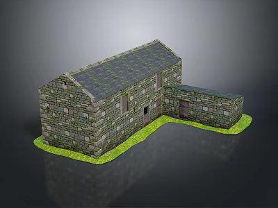 Stone built L shaped Building with Dark Tiled Roof and Green Grass Base Exterior View 3d model