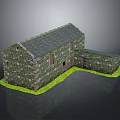 Stone built L shaped Building with Dark Tiled Roof and Green Grass Base Exterior View
