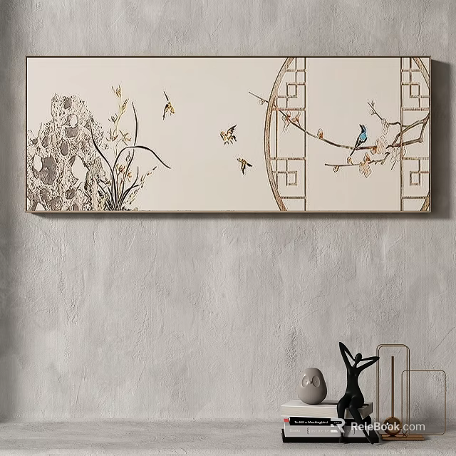 Chinese Style Decorative Painting With Orchids Birds And Traditional Lattice On Light Wall 3d model 