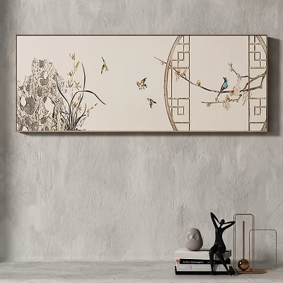 Chinese Style Decorative Painting With Orchids Birds And Traditional Lattice On Light Wall 3d model