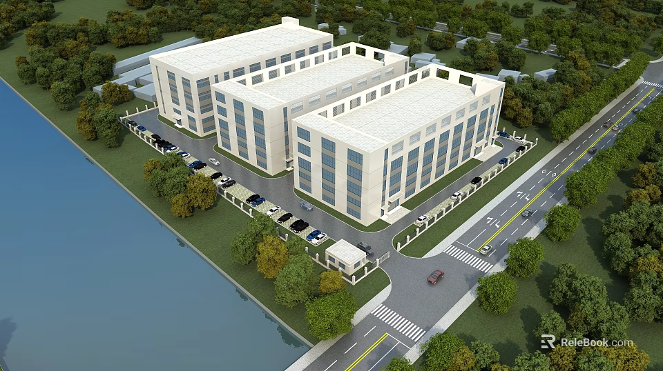 Modern Large Industrial Factory Complex With Green Surroundings Parking And Lake View 3d model 