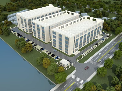 Modern Large Industrial Factory Complex With Green Surroundings Parking And Lake View 3d model