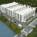Modern Large Industrial Factory Complex With Green Surroundings Parking And Lake View