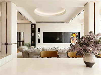 Modern Living Room Interior With Gray Sofa TV Wall Artwork And Flower Vase 3d model