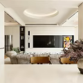 Modern Living Room Interior With Gray Sofa TV Wall Artwork And Flower Vase