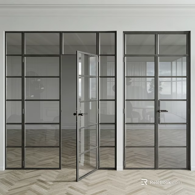 Modern Glass Double Doors With Black Frame And Grid Panes In Wooden Herringbone Floor Interior 3d model 
