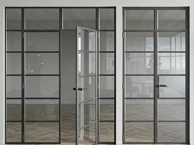 Modern Glass Double Doors With Black Frame And Grid Panes In Wooden Herringbone Floor Interior 3d model