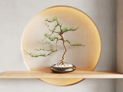 Elegant Bonsai Plant On Wooden Shelf With Dark Pot White Pebbles And Circular Illuminated Background 3d model