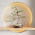 Elegant Bonsai Plant On Wooden Shelf With Dark Pot White Pebbles And Circular Illuminated Background
