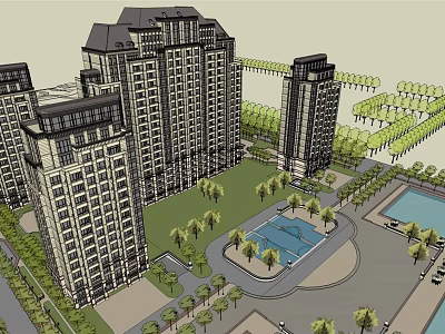 Modern High Rise Residential Complex With Swimming Pool And Lush Green Landscaping 3d model