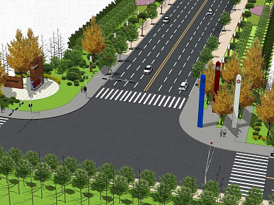 Municipal Road Intersection with Zebra Crossings Lined Trees Street Lamps and Vehicles 3d model