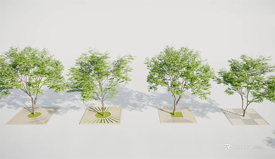 Row Of Square Tree Planters With Central Circular Pattern For Four Landscape Trees 3d model 