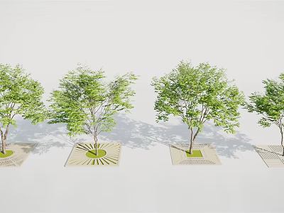 Row Of Square Tree Planters With Central Circular Pattern For Four Landscape Trees 3d model