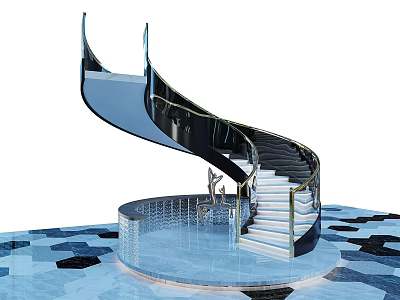 Modern Spiral Staircase With Glass And Metal Design And Geometric Patterned Floor 3d model