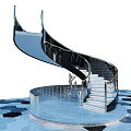 Modern Spiral Staircase With Glass And Metal Design And Geometric Patterned Floor