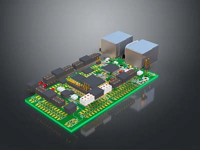 Green Computer Circuit Board With Electronic Chips Components And Connectors On Dark Background 3d model