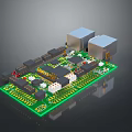 Green Computer Circuit Board With Electronic Chips Components And Connectors On Dark Background 3d model